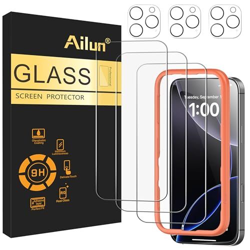 Ailun - Paquete de 3 protectores de pantalla para iPhone 16 Pro Max [6.9 pulgadas] + paquete de 3 protectores de lente de cámara con marco de instalación